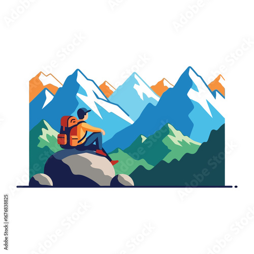 Contemplating the Vista: A solitary figure, backpack in tow, finds serenity perched atop a boulder, gazing upon a panorama of majestic peaks, evoking a sense of adventure and tranquility.