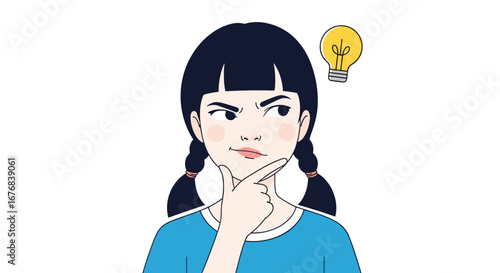 Young woman thinking hard with a bright idea lightbulb glowing above her head