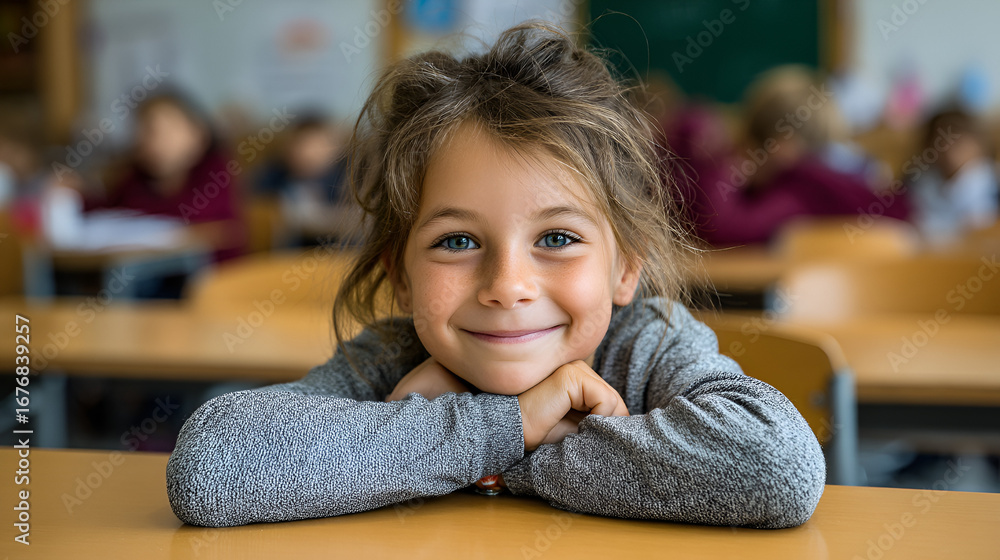 Obraz premium Smiling girl at desk with classmates blurred behind in a classroom