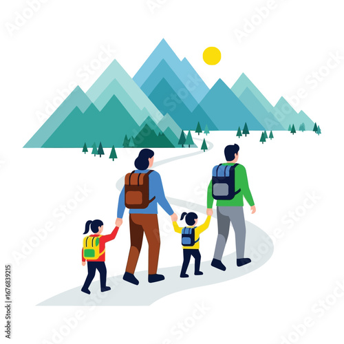 Family Hiking Adventure: A family embarks on a scenic hike, their silhouettes framed against majestic mountains under a bright yellow sun, depicting adventure and bonding.