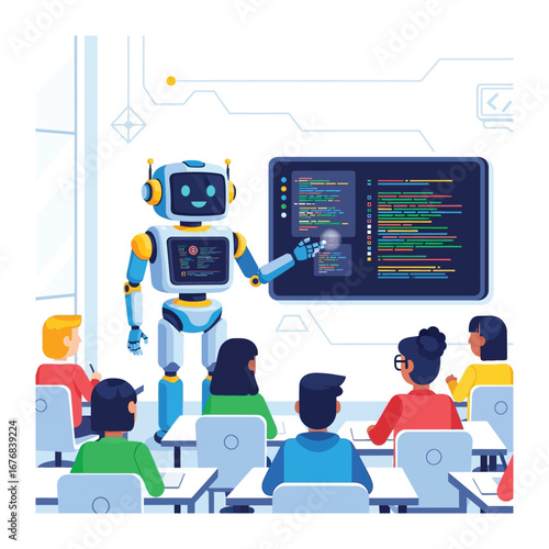 Robotic Education: An intelligent robot educator in a vibrant classroom setting, teaching code to a diverse group of attentive students, embodying technological progress.