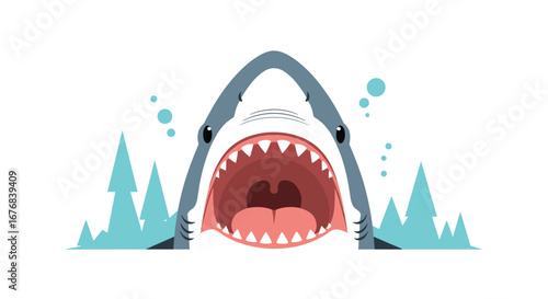 Terrifying Great White Shark emerges from water with mouth wide open, teeth bared, ready to strike