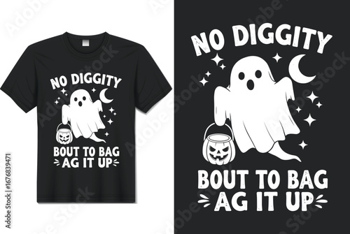 Cute Halloween ghost carrying a pumpkin candy bucket under a crescent moon and stars, funny trick-or-treat t‑shirt vector illustration.

