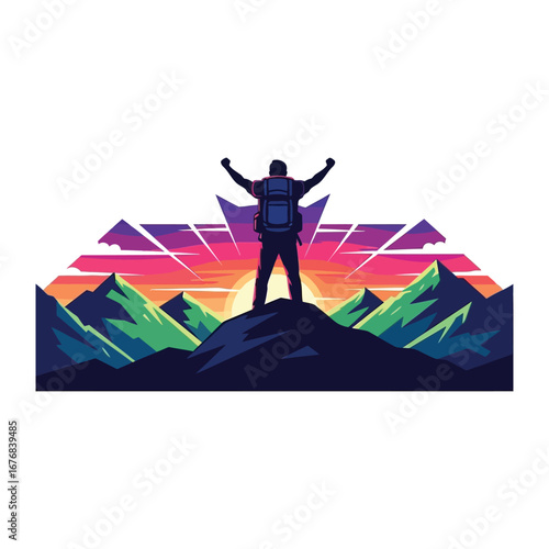 Peak of Triumph: A silhouette of a triumphant individual stands atop a majestic mountain, arms raised in celebratory victory against a backdrop of a setting sun and rugged landscape.