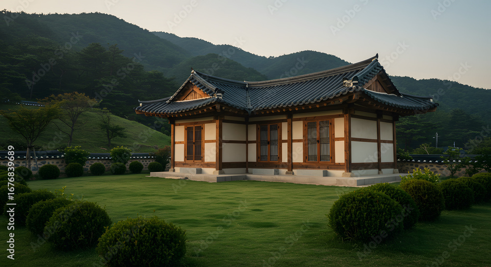 Obraz premium 자연을 담은 한옥집. 산 중턱에 자리한 아름다운 한옥집.