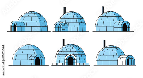 Charming collection of six stylized igloos, perfect for winter themes and arctic adventures.
