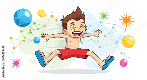 Excited boy jumping with star eyes surrounded by colorful geometric shapes and connections