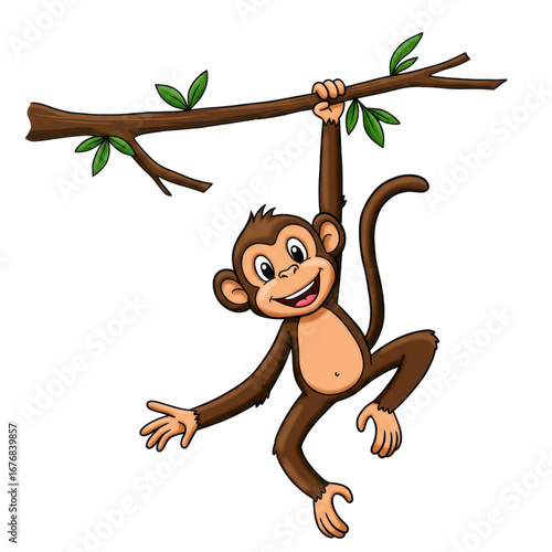 Cartoon monkey hanging from a tree branch isolated PNG with Transparent Background