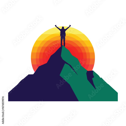 Summit Silhouette: A determined figure stands triumphant atop a majestic mountain peak, arms raised in a symbol of achievement, against a brilliant setting sun.
