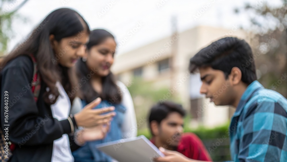 Fototapeta premium Indian student group presenting project — teamwork and communication skills highlighted