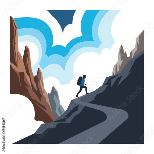 Ascent to the Summit: A determined individual ventures on a challenging trek toward the peak.