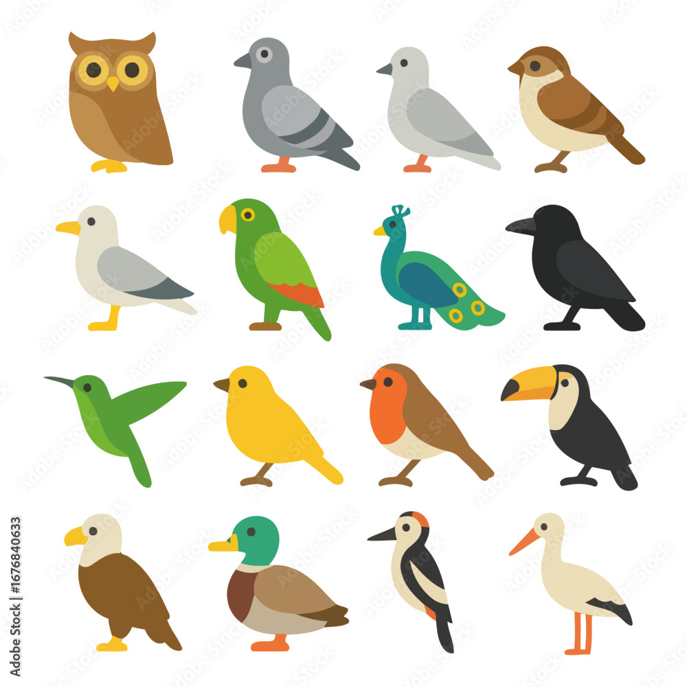 Naklejka premium Assortment of Avian Wonders: A meticulously curated illustration presenting a vibrant collection of diverse bird species, each uniquely rendered in a charming, simple design.