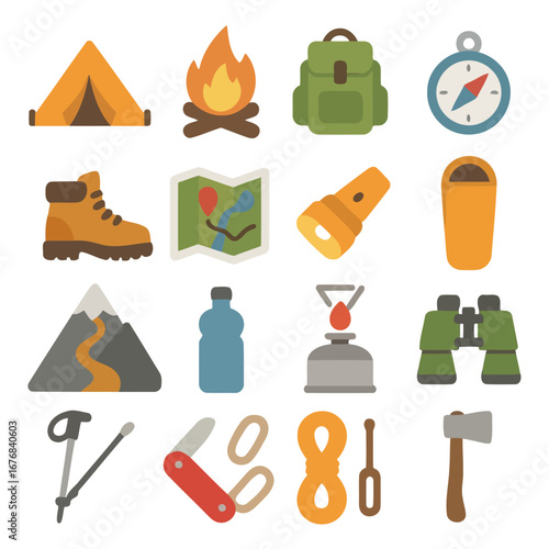 Camping Essentials: A meticulously crafted illustration showcasing a curated collection of essential camping gear, designed to equip every adventure with a sense of preparedness, safety.