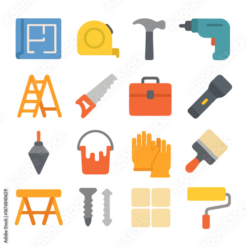 Construction tools collection: A comprehensive collection of essential construction tools, meticulously arranged to showcase the varied instruments and equipment used in building and repair.