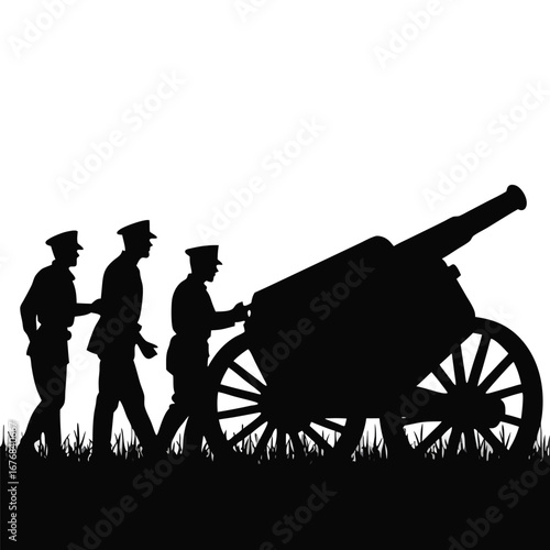 Three soldiers in uniform pushing a cannon through grass