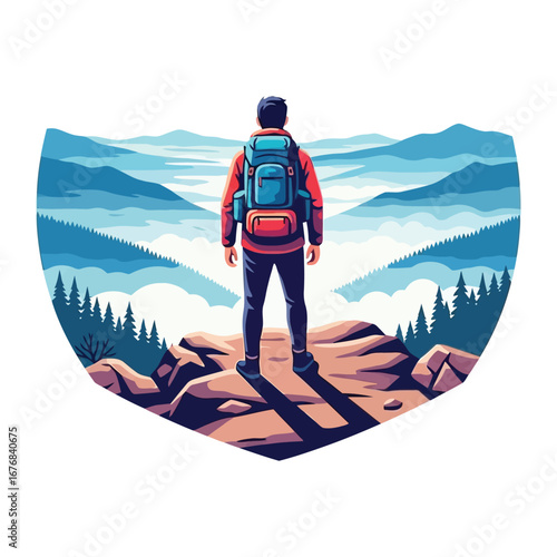 Adventure Awaits: An individual stands atop a peak, admiring a vista of rolling mountains and dense forests in this illustrative depiction of journey and exploration.