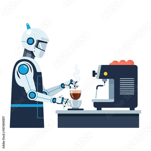 Robot Barista: An advanced robot carefully prepares a cup of coffee with an automatic coffee machine. Demonstrating the fusion of technology and the art of coffee