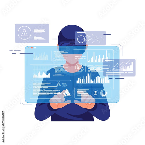 Immersive Digital Interaction: A person engaged in a futuristic virtual reality experience, navigating digital interfaces with intuitive hand gestures and immersed in data visualization. 