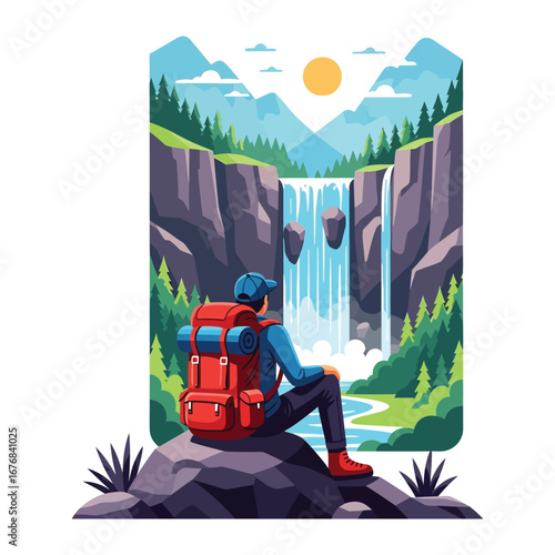 Serene Explorer: A solitary explorer, adorned with a vibrant backpack, finds solace as they pause to admire a breathtaking waterfall amidst towering mountains and verdant trees. 