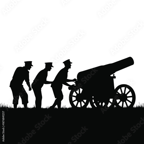 Three soldiers pushing a cannon on grassy field artillery