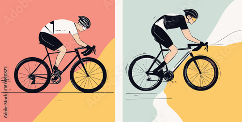 Minimalist vector illustration of competitive road bike racing cyclists in aerodynamic positions with abstract color block backgrounds for sports poster design