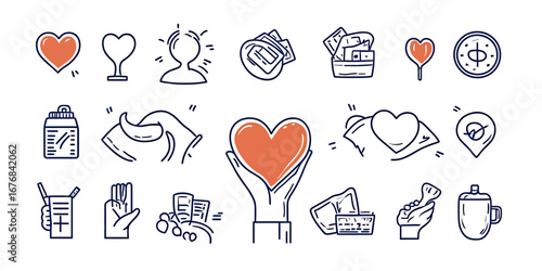 Charity donation volunteer hand holding heart symbol medical blood donor financial support gesture icons set minimal doodle line art vector illustration