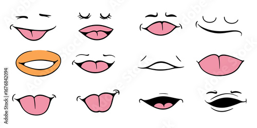 Set of twelve cartoon doodle mouth expressions with smiling, tongue out, closed lips, and open lips in minimalist vector style illustration for emotions concept