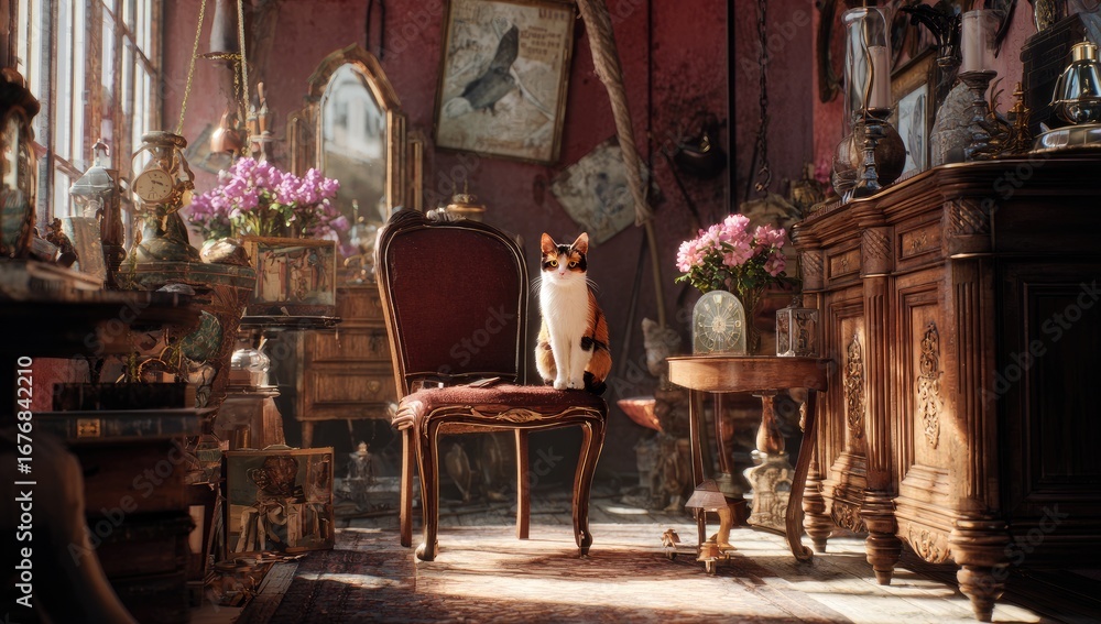 Obraz premium A calico cat sits regal in a sunlit antique room