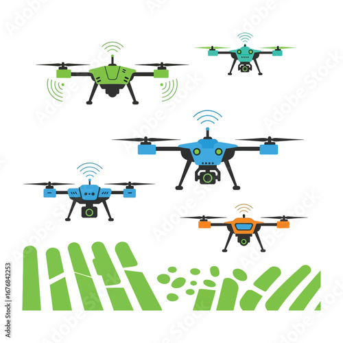 Modern Agricultural Aerial Surveillance: An array of drones, showcasing diverse designs and advanced technology, hover above a stylized agricultural landscape.