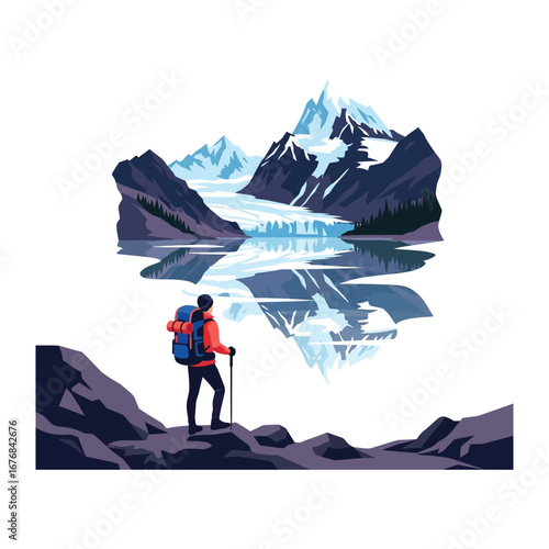 Solitary Explorer's Vista: A lone hiker stands in awe, overlooking a majestic mountainous panorama, reflected in a tranquil lake.