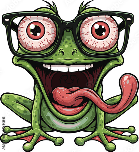 Vector art of crazy cartoon frog with big eyes and tongue sticking out wearing glasses