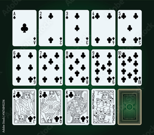 Set of playing Poker cards Clubs suit. King Queen Jack and Joker characters. Vector editable printable separated cards. Part 3