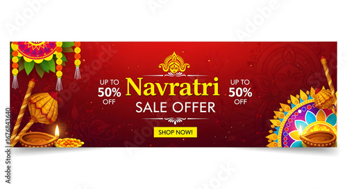 “Festive Navratri shopping banner with colorful dandiya sticks, discount text, and bright mandala background.”
