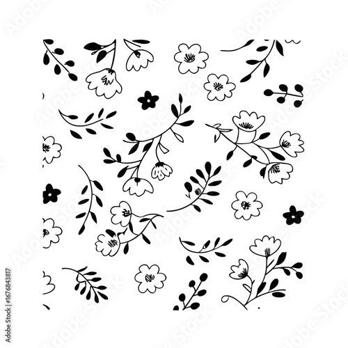 Delicate floral branches and blossoms scattered across a white canvas botanical leaves