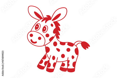 Red Outline Cartoon Donkey with Spots, Funny Animal on a White Background