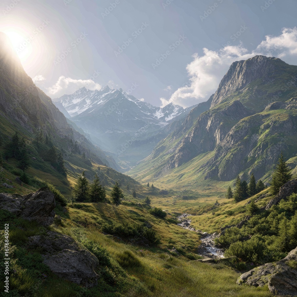 Fototapeta premium Valley landscape with mountains, river, and sunlight shining down on lush green valley