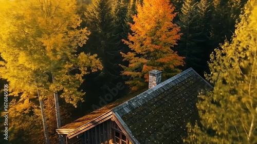 Wallpaper Mural Log cabin nestled among trees in autumn, viewed from above, sunlight dappling facade Torontodigital.ca