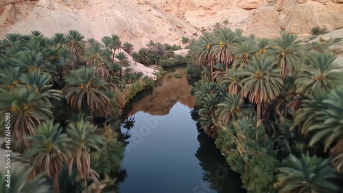 Wallpaper Mural Lush oasis of palm trees and a tranquil river amidst sandy, rocky hills landscape Torontodigital.ca
