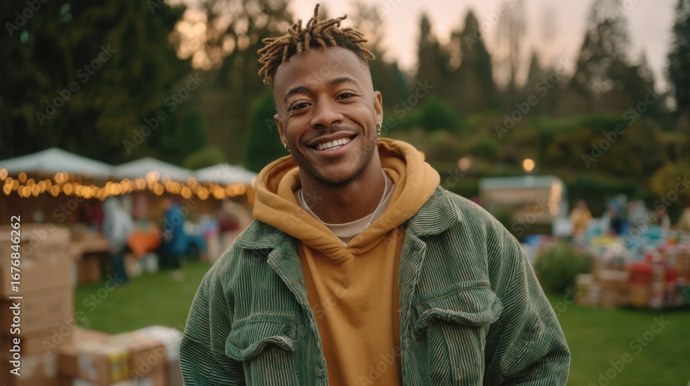 Fototapeta premium Young smiling man outdoors at a lively market during golden hour, wearing a tan hoodie and green jacket with blurred background of tents and people