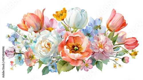 Fototapeta Naklejka Na Ścianę i Meble -  Watercolor floral illustration - flower crest with bright peach color, white, pink, blue flowers, rose, peony, poppy, tulips, sweet pea, chamomile, ranunculus, buttercups. Wedding invitation, clipart.