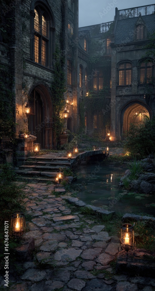 Fototapeta premium Gothic courtyard at dusk, lit by lanterns