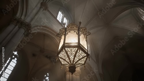 Wallpaper Mural Ornate chandelier hangs in a vaulted-ceiling building with gothic windows, casting a warm light Torontodigital.ca