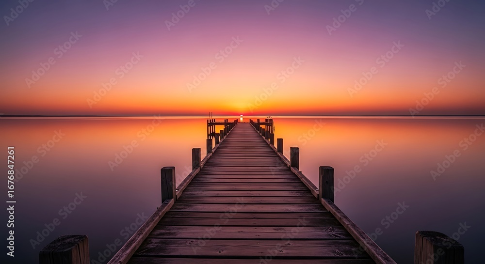 Obraz premium Illustration of a wooden pier stretches into the calm sea under a vibrant sunset sky, creating a tranquil and scenic landscape
