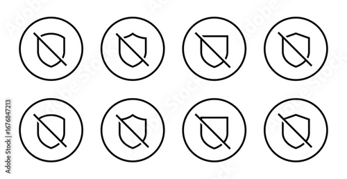 No protection shield icon set. Security blocked symbol. Unsafe defense badge in circular outline