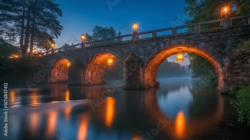 Wallpaper Mural Lit stone bridge arches over misty water at night, with glowing lantern reflections Torontodigital.ca