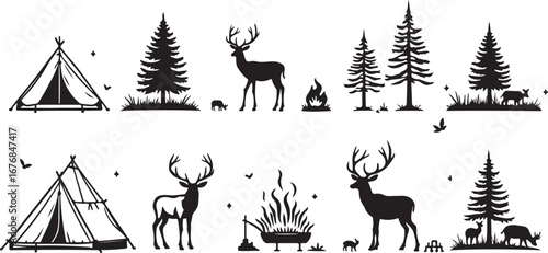 "Camping Silhouette Icons – Tents, Campfire & Trees"

"Outdoor Adventure Vector Set – Camping, Fire, and Nature"

"Black Silhouette Icons of Camping Tents and Campfires"
