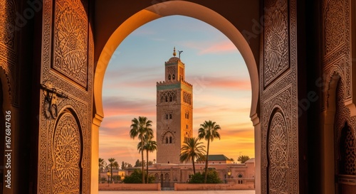 Fototapeta Naklejka Na Ścianę i Meble -  View of the koutoubia mosque minaret in marrakech through an ornate archway at sunset