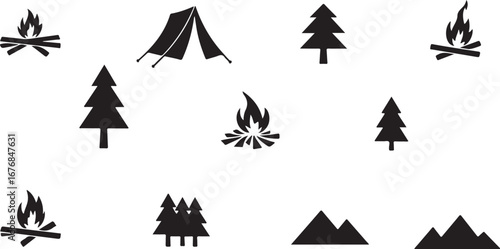 "Camping Silhouette Icons – Tents, Campfire & Trees"

"Outdoor Adventure Vector Set – Camping, Fire, and Nature"

"Black Silhouette Icons of Camping Tents and Campfires"