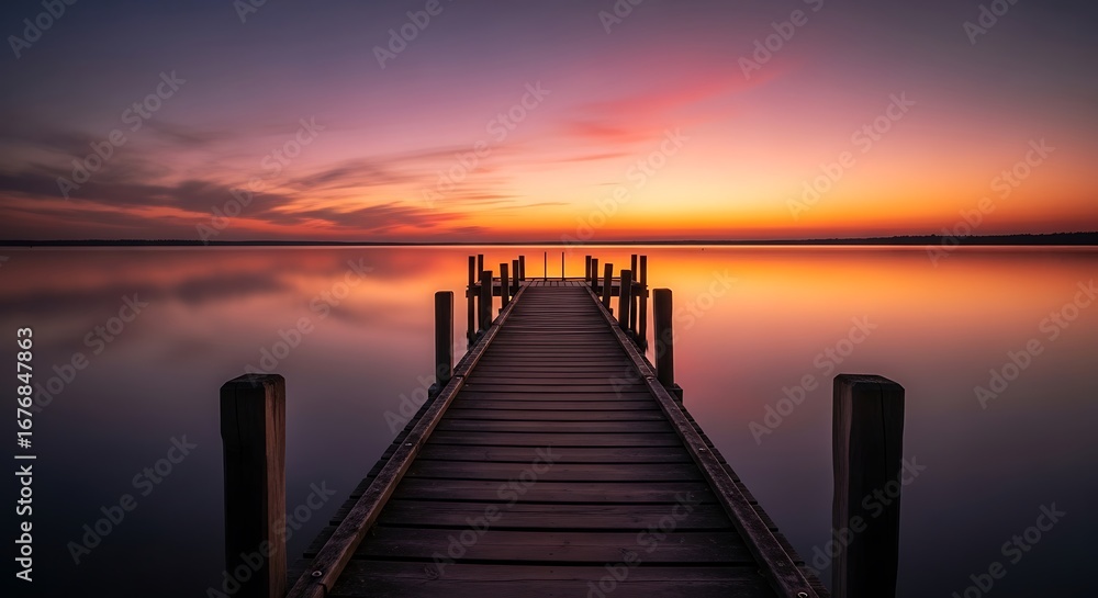 Obraz premium Illustration of a wooden dock stretches into a tranquil lake at sunset, reflecting the colorful sky and creating a serene landscape