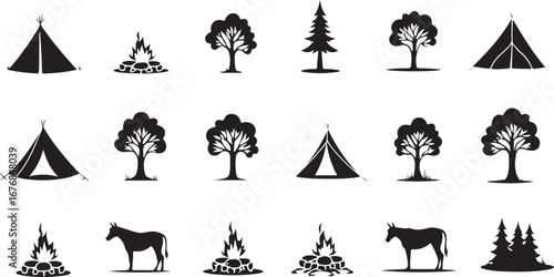 "Camping Silhouette Icons – Tents, Campfire & Trees"

"Outdoor Adventure Vector Set – Camping, Fire, and Nature"

"Black Silhouette Icons of Camping Tents and Campfires"